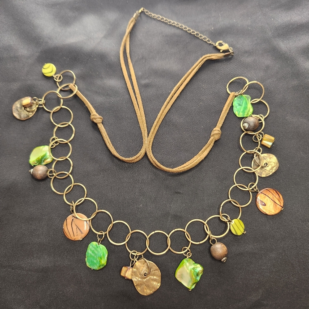 Long Bronze Toned Rings with Green and Brown Stones and Beaded Necklace